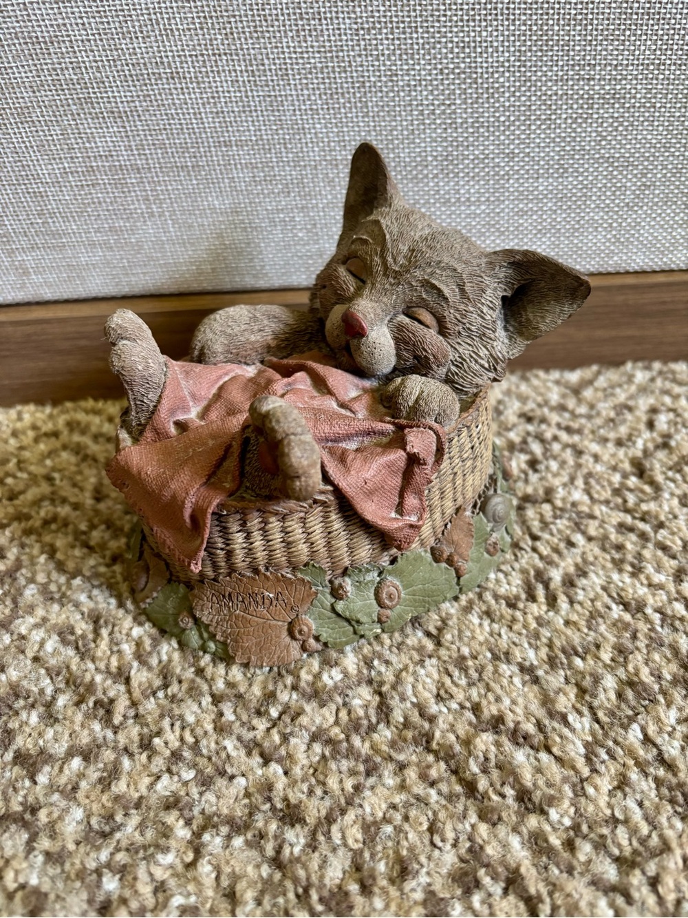 Vintage 1993 Tim Wolfe Sleeping Kitten Cat Figurine with Pink Blanket Amanda